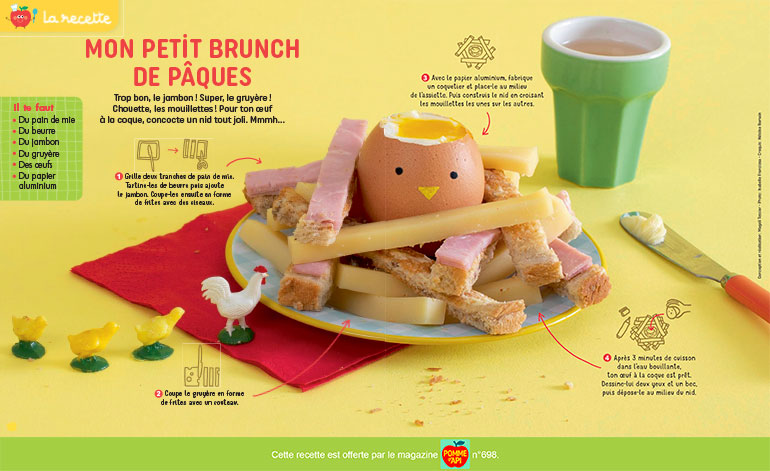 Recette : mon petit brunch de Pâques, Pomme d'Api n° 698, avril 2024. Photo : Isabelle Franciosa. Croquis : Héloïse Romain.